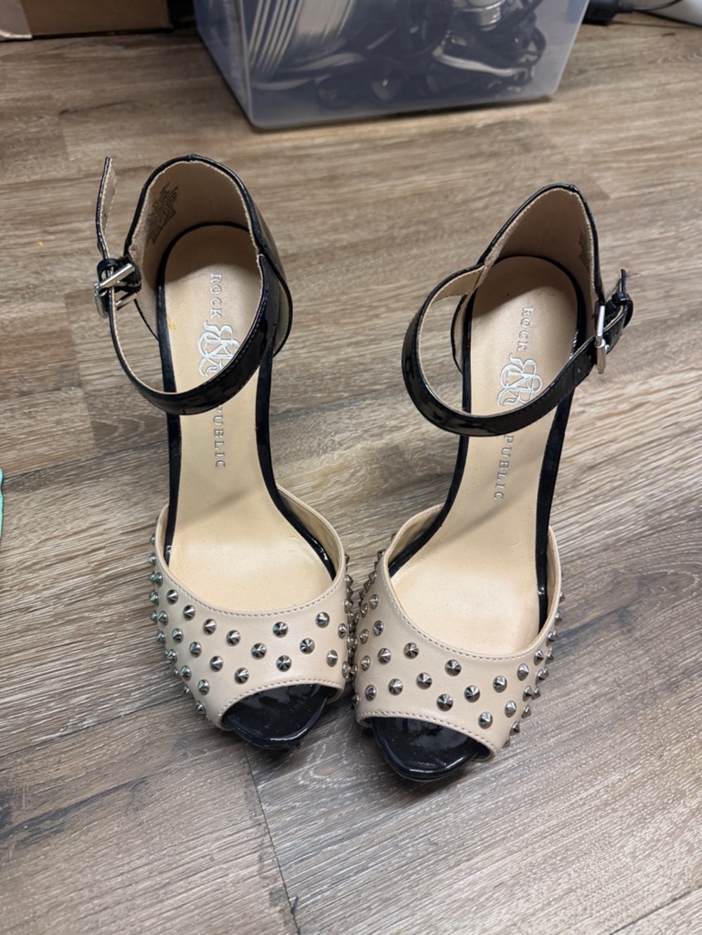 Rock & Republic Black and Beige Studded Ankle-Strap Peep-Toe Heels